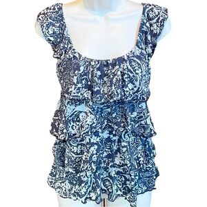 Express floral ruffle stretchy scoop neck pullover tank top xs blue white